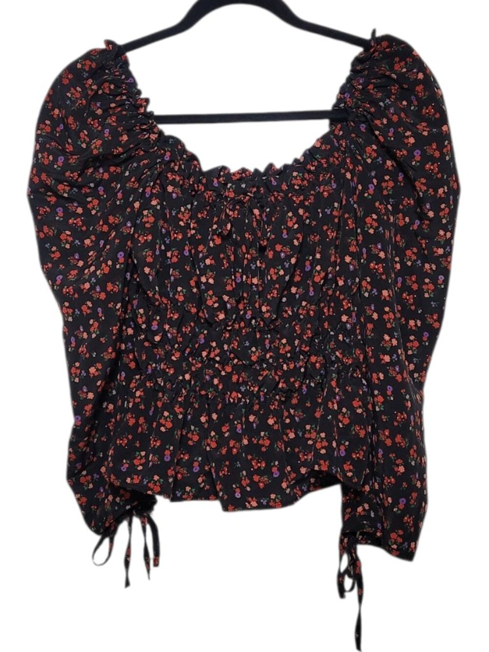 Topshop Floral Puff Sleeve Smocked Crop Blouse Top Peplum Square Neck Black - Picture 2 of 10
